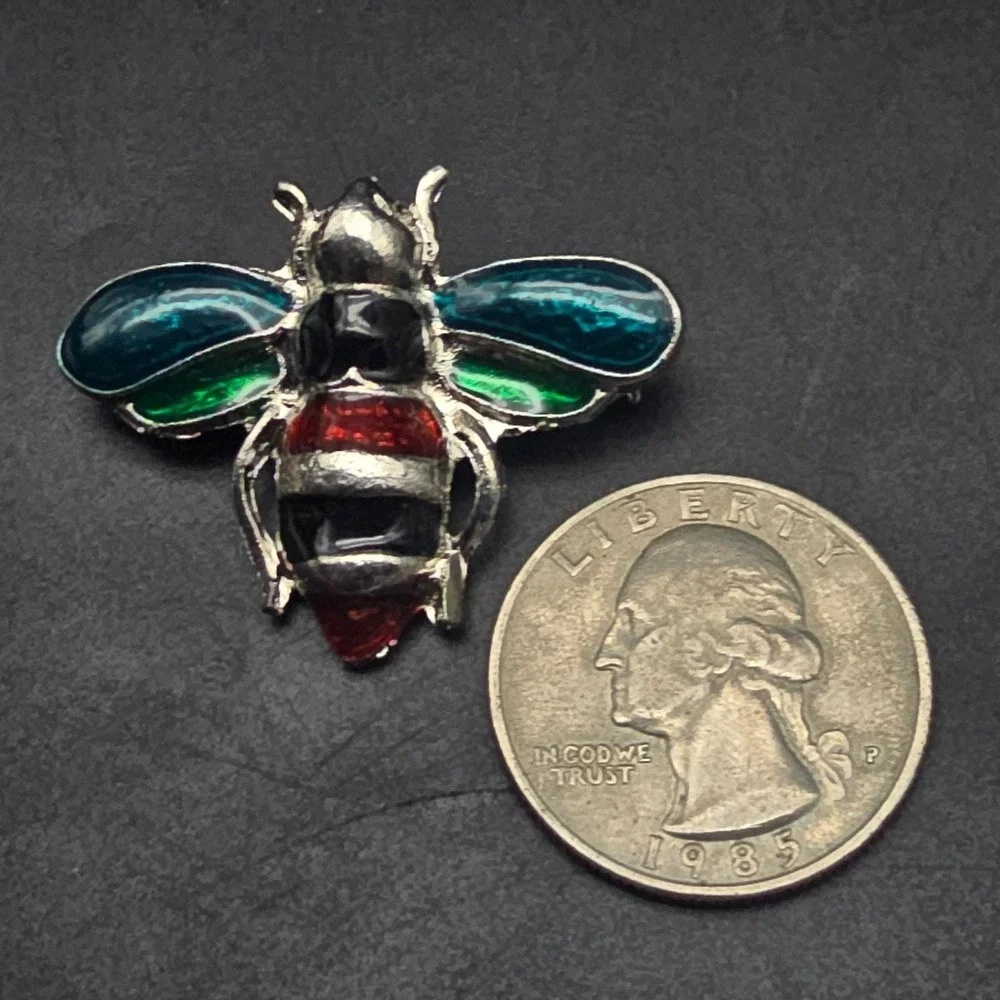 Bumble Bee Insect Brooch Silver Tone Teal Red Bug Jewelry